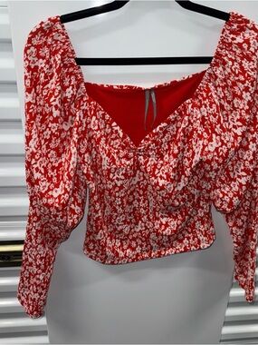 Anthropologie Red and White Floral Puff-Sleeve Blouse